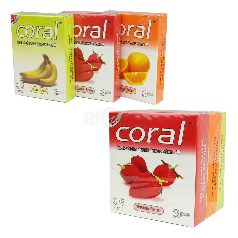 Coral 3 Fruits Flavors Lubricated Natural Latex Full Box Condom - 3 x 10 Packs (Malaysia)