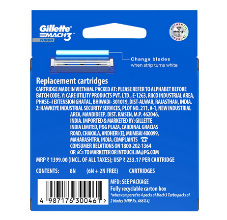 Gillette Mach 3 Turbo Manual Shaving Razor Blades - 8s Pack Cartridge (India)