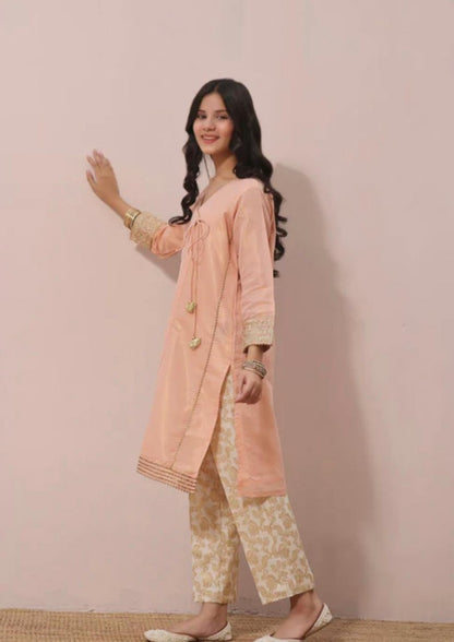 Peach Maisuri Embroidered One Piece Kurti