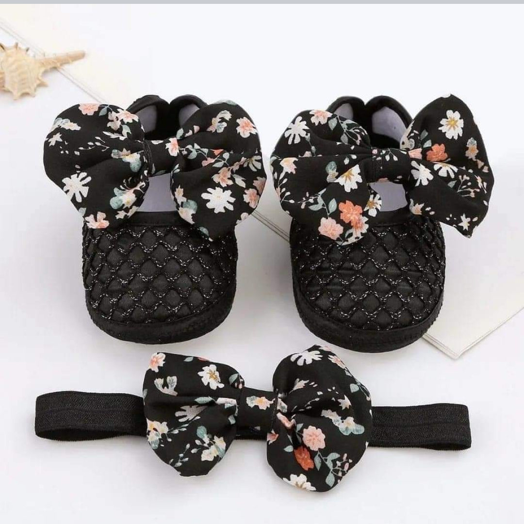 Original China Baby Girls Black Shoes and Hair Band