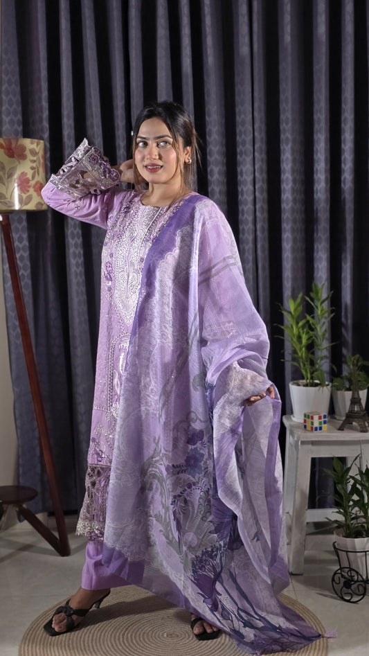 Exclusive Stitched Luxury Cotton Cut Work Embroidered Three Piece
