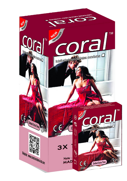 Coral Dotted Extra Time Lubricated Natural Latex Full Box Condom - 3 x 10 Packs (Malaysia)