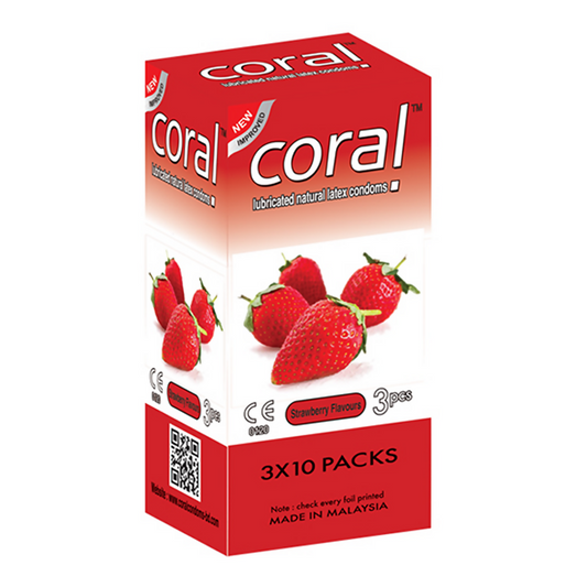 Coral Strawberry Flavor Extra Performance Full Box Condom - 3 x 10 Packs (Malaysia)