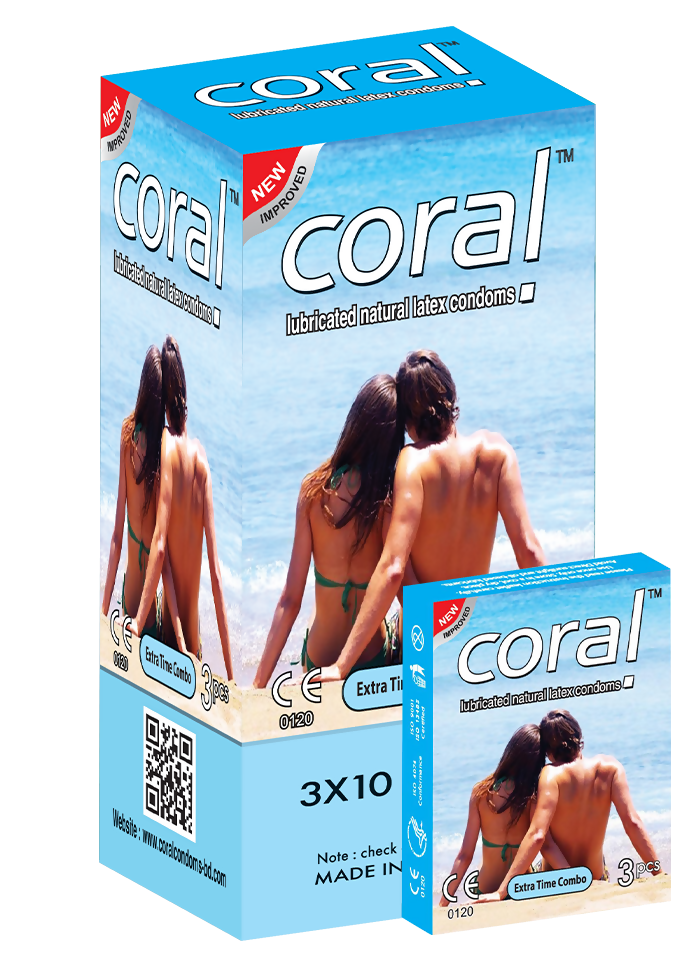 Coral Extra Time Combo Lubricated Natural Latex Full Box Condom - 3 x 10 Packs (Malaysia)