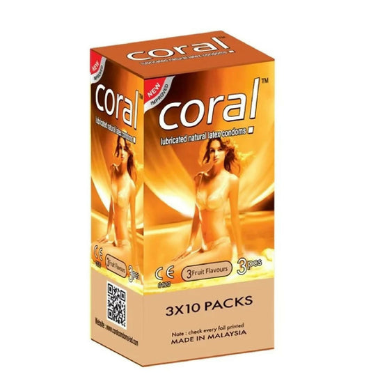 Coral 3 Fruits Flavors Lubricated Natural Latex Full Box Condom - 3 x 10 Packs (Malaysia)