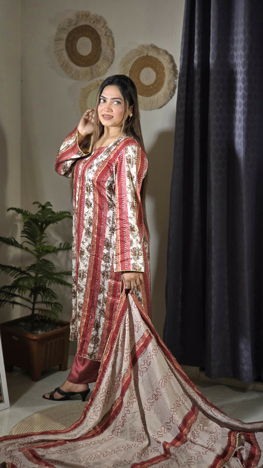 Exclusive Cotton Boutique Kamdani Work Unstitched Three Piece - Deep Rose