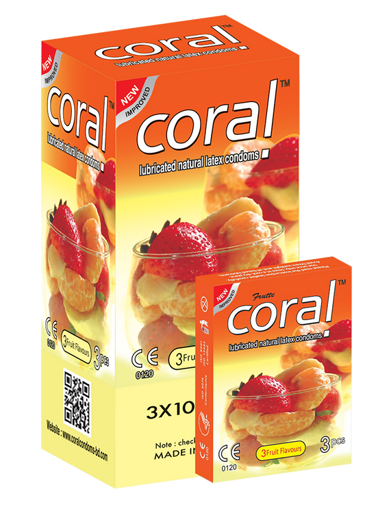 Coral 3 Fruits Flavors Lubricated Natural Latex Full Box Condom - 3 x 10 Packs (Malaysia)