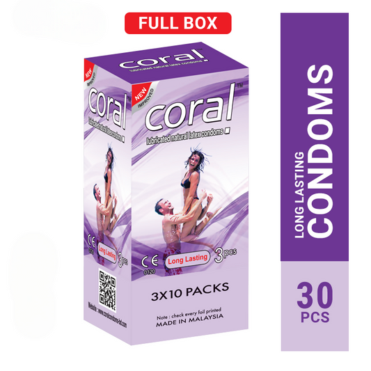 Coral Long Lasting Lubricated Natural Latex Full Box Condom - 3 x 10 Packs (Malaysia)