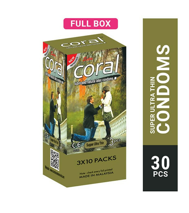 Coral Super Ultra Thin Lubricated Latex Full Box Condom - 3 x 10 Packs (Malaysia)