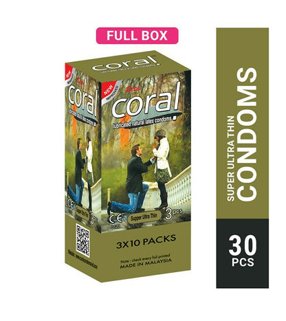 Coral Super Ultra Thin Lubricated Latex Full Box Condom - 3 x 10 Packs (Malaysia)