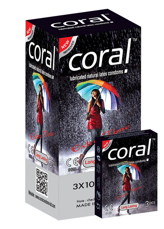 Coral Extra Time Lubricated Natural Latex Full Box Condom - 3 x 10 Packs (Malaysia)