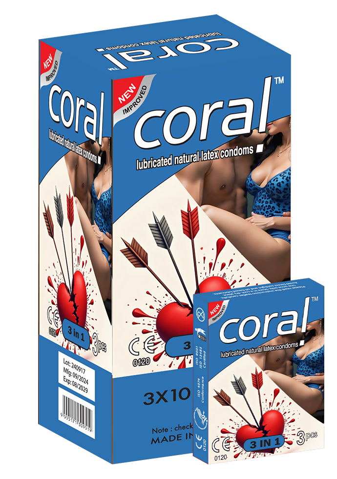 Coral 3 in 1 Lubricated Natural Latex Full Box Condom - 3 x 10 Packs (Malaysia)