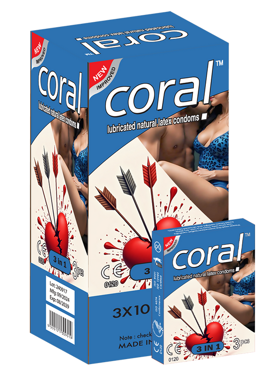 Coral 3 in 1 Lubricated Natural Latex Full Box Condom - 3 x 10 Packs (Malaysia)