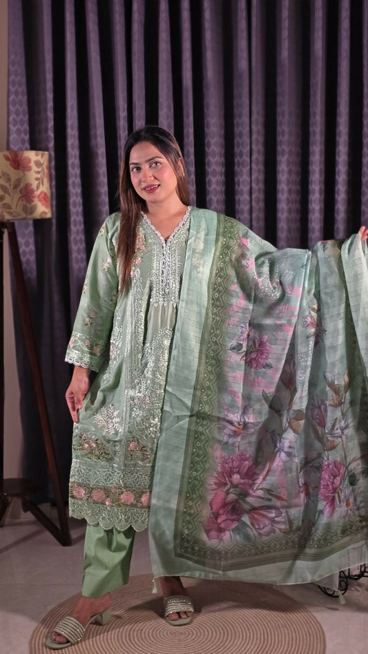Exclusive Stitched Fancy Cotton Cut Work Embroidered Three Piece