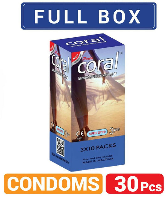 Coral Super Dotted Lubricated Natural Latex Full Box Condom - 3 x 10 Packs (Malaysia)