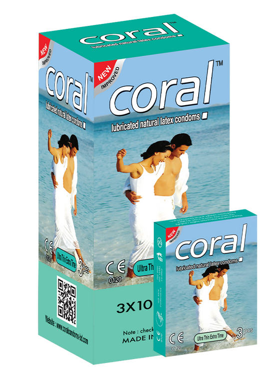 Coral Ultra Thin Extra Time Lubricated Natural Latex Full Box Condom - 3 x 10 Packs (Malaysia)